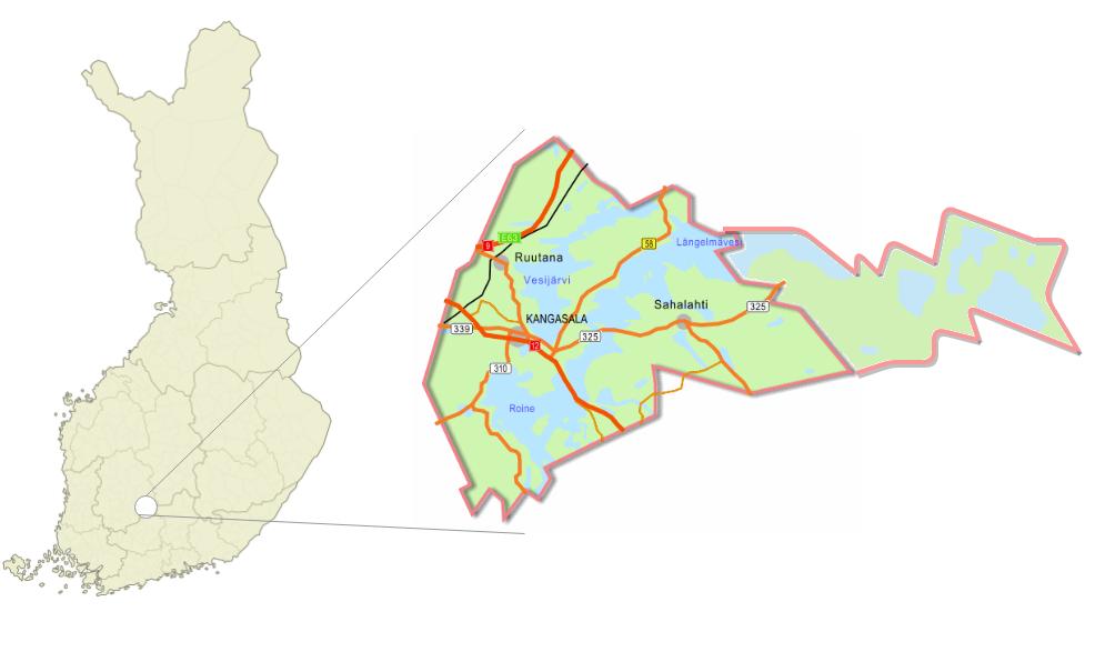 23 4.1 Maantieteellinen sijainti Kangasala on noin 31 000 asukkaan kaupunki, joka sijaitsee Tampereen itäpuolella, Pirkanmaan maakunnassa (kuva 5).