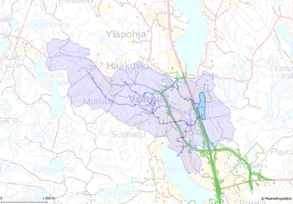 Sivu 2 VT4 Vehniän etl hulevesiselvitys Destia Oy 1 YLEISTÄ Tehtävä on seuraavan kartan osoittamalla valuma-alueella (Kuva 1) mitoittaa uusien kahden rinnakkaistien ja VT4:n alittavan hulevesirummun