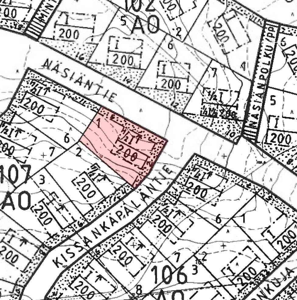 6 3.2.4 Asemakaava Asemakaavassa tontti 26-107-1 on kaavoitettu erillispientalotontiksi (AO), rakennusoikeudeksi on ilmoitettu 200 k-m 2.