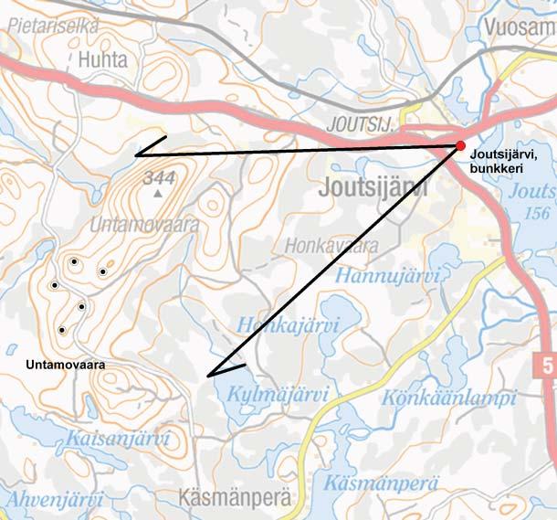 Näkymä Joutsijärveltä Salpalinjan bunkkerilta Untamovaaran tuulipuiston