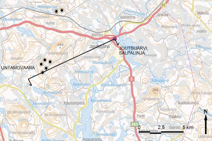 Havainnekuva, jossa tuulivoimalat ja niiden osat, jotka jäävät maaston ja