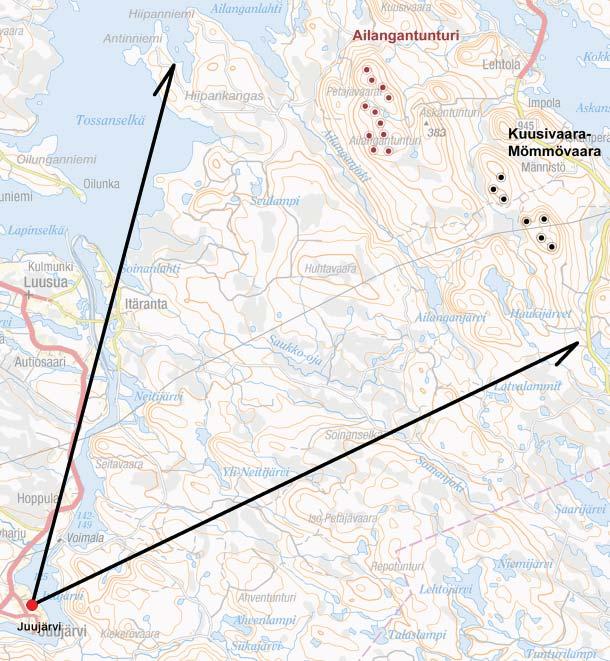 Maastopoikkileikkaus Juujärven kylältä Ailangantunturin hankealueelle.