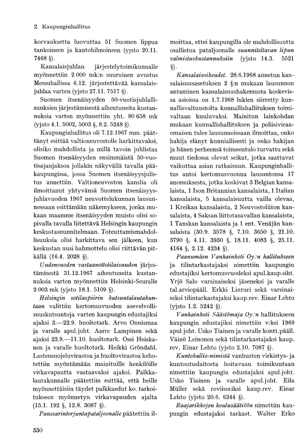 korvauksetta luovuttaa 51 Suomen lippua tankoineen ja kantohihnoineen (yjsto 20.11. 7468 ). Kansalais j uhlan j är j estely toimikunnalle myönnettiin 2 000 mk:n suuruinen avustus Messuhallissa 6.12.