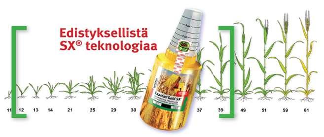 Kevätviljoille: ohra, kaura, ruis ja vehnä käyttömäärä 15 27 g/ha + kiinnitettä 0,05 l/100 l vettä käsittelyajankohta 2-lehtiaste lippulehtiaste (BBCH 12-39) paras