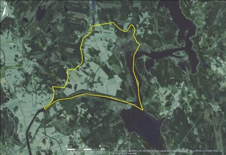 Kuva 16. Mälsorlandetin alueen tulvariskikartta jääpatotulvalla. Kuvatulle tulva-alueelle leviävät vain suurimmat 1 % kaikista mallinnetuista tulvista.