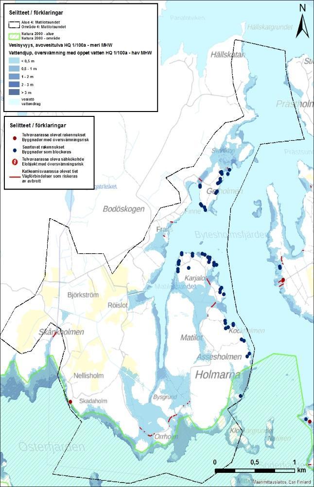 Alueen 4 sähköinfrastruktuurin tulvariski on samoin hyvin riippuvainen meriveden toistuvuudesta tulvatilanteessa. Yleisellä tulvalla HQ 1/50a MW ei kastu yhtäkään kohdetta.
