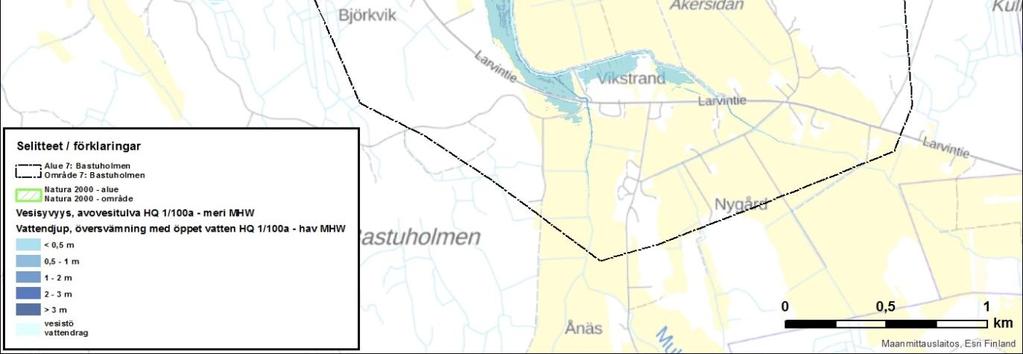 Vassorinlahden pengerrysalueella katkeavien tieosuuksien pituudet eri toistuvuuksilla. Pituudet ovat metreinä. Kuva 30.