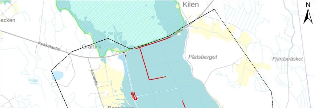 Kuva 31. Vassorinlahden pengerrysalueen tulvariskikartta jääpatotulvalla. Kuvatulle tulva-alueelle leviävät vain suurimmat 1 % kaikista mallinnetuista tulvista. 7.