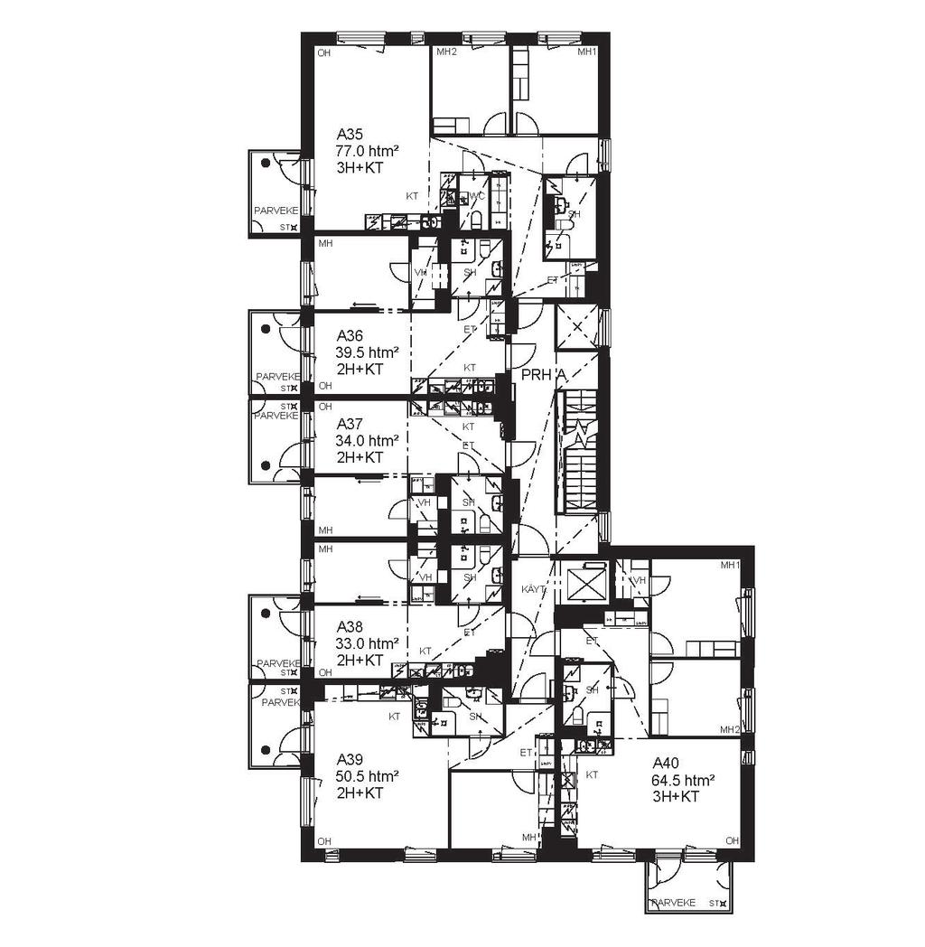 KERROSPOHJAT 23 7. kerros HUONEISTOT A35 3h + kt 77,0m 2 A40 3h + kt 64,5m 2 Mittakaava 1:200 (suuntaa-antava) Perustuu suunnitteluhetken tilanteeseen 26.