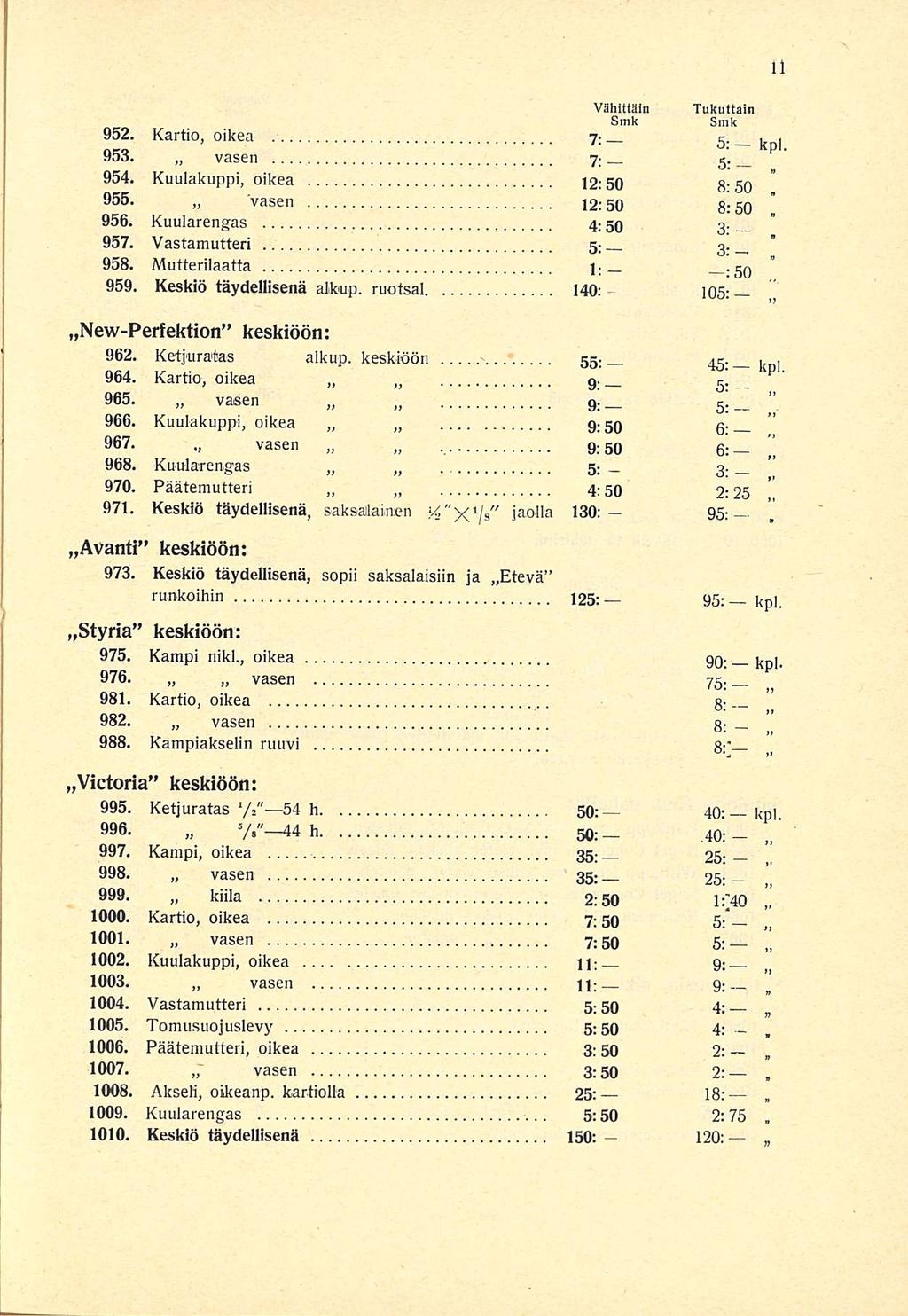 40; ' ' Vähittäin Smk Tukuttain Smk 952 Kartio oikea 7 : r 953 vasen 7: g 954 Kuulakuppi oikea 12:50 8 50 955» vasen 12:50 8:50 [ 956 Kuularengas 4 : 50 g 957 Vastamutteri 5 g ; _ 958 Mutterilaatta