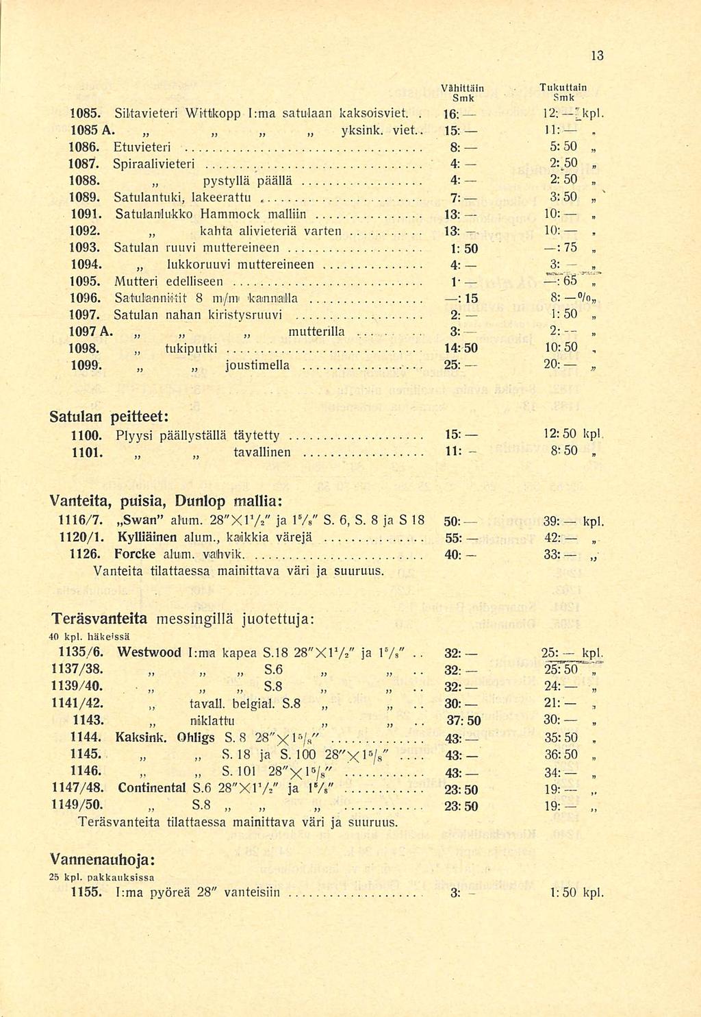 tukiputki 32: 11: 3:50 10; : 1:50 2; 12:50 25: Vähittäin Smk Tukuttain Smk 1085 Siltavieteri Wittkopp I:ma satulaan kaksoisviet 16; 12; [kpl 1085A yksink viet 15: 1086 Etuvieteri 8; 5; 50 1087