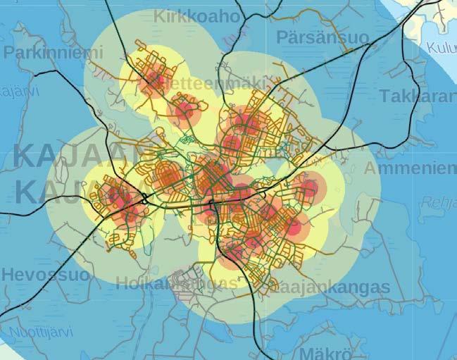 Liite 14 Päivittäistavarakaupan etäisyysvyöhykkeet Päivittäistavarakaupan etäisyysvyöhykkeet Kajaanin keskustaajamassa.