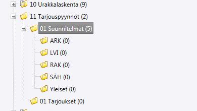 Tarjouspyyntökansion luominen Alihakemistot Luo tarjouspyyntö kohtainen alihakemisto esim. 01 Suunnitelmat -pääkansio sekä tarvittavat alikansiot suunnittelualoittain.