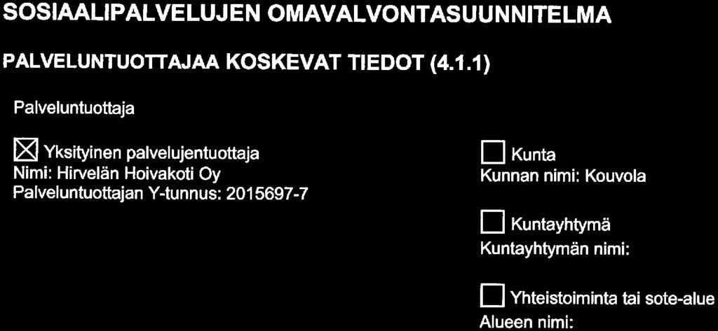 SOSIAALIPALVELUJEN OMAVALVONTASUUNNITELMA PALVELUNTUOTTAJAA KOSKEVAT TIEDOT (4.1.