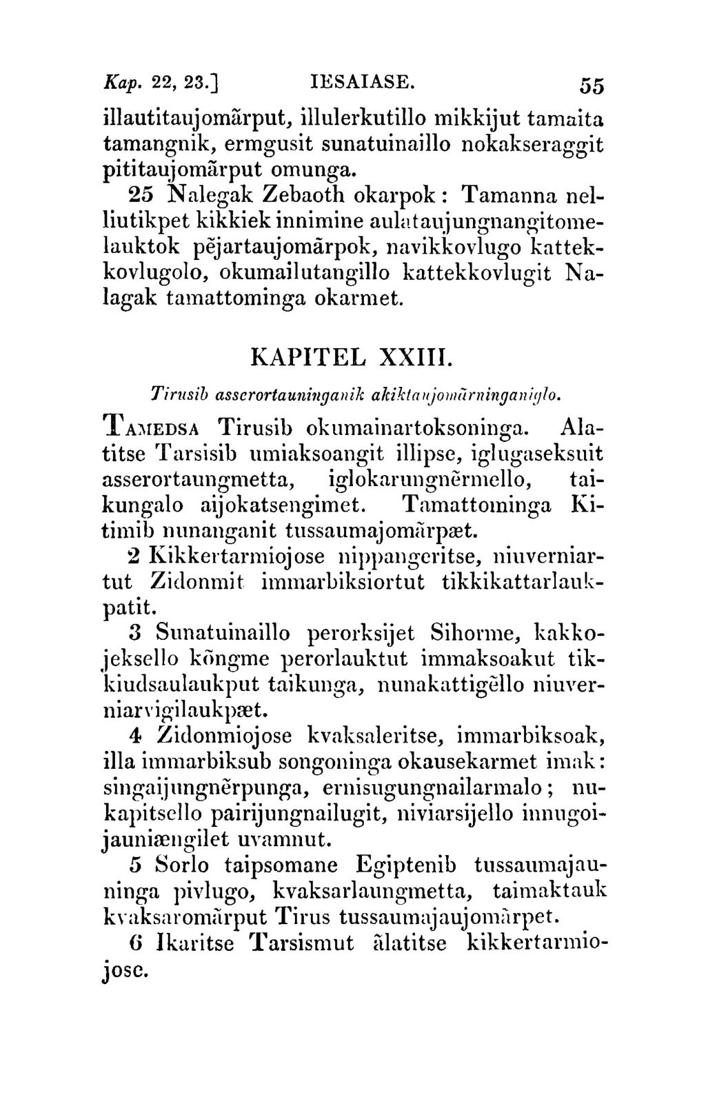 Kap. 22,23.J IESAIASE. 55 illautitaujomarput, illulerkutillo mikkijut tamuita tamangnik, ermgusit sunatuinaillo nokakseraggit pititaujomarput omunga.