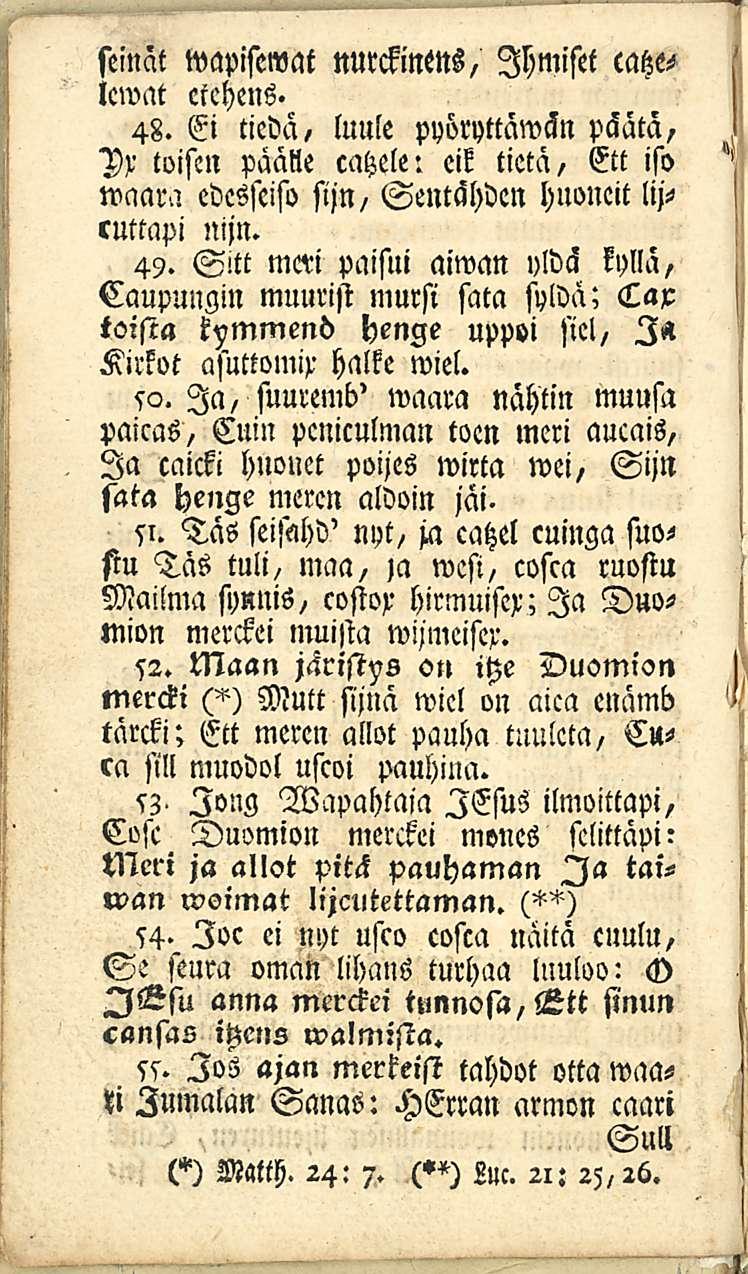 seinät tvapisewat nurckinens, Ihmiset catzelcwat ctehens. 48. Ei tiedä, luule pyöryttäwän päätä, Vx toisen päälle cahele: eik tietä/ Ett iso waara edcsseiso sijn/ Sentähden hnoueit lijruttapi nijn.