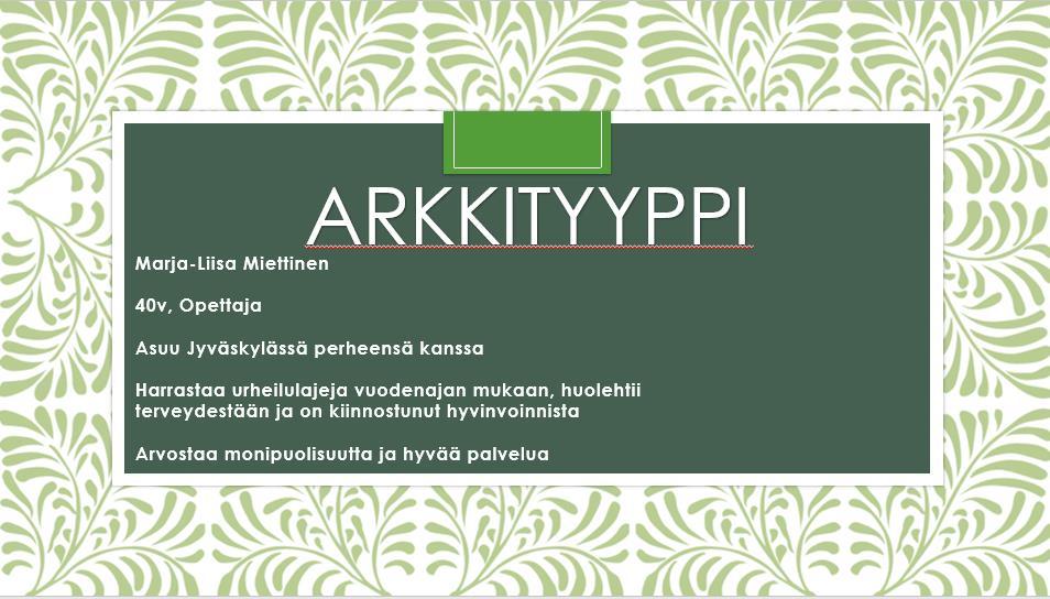 4 Kuva 1. Arkkityyppi 3 Hyvinvointituotteen pääelementit Tärkeänä ja mielekkäänä koettiin yhdessäolo, luonnonläheisyys sekä elämyksellisyys.