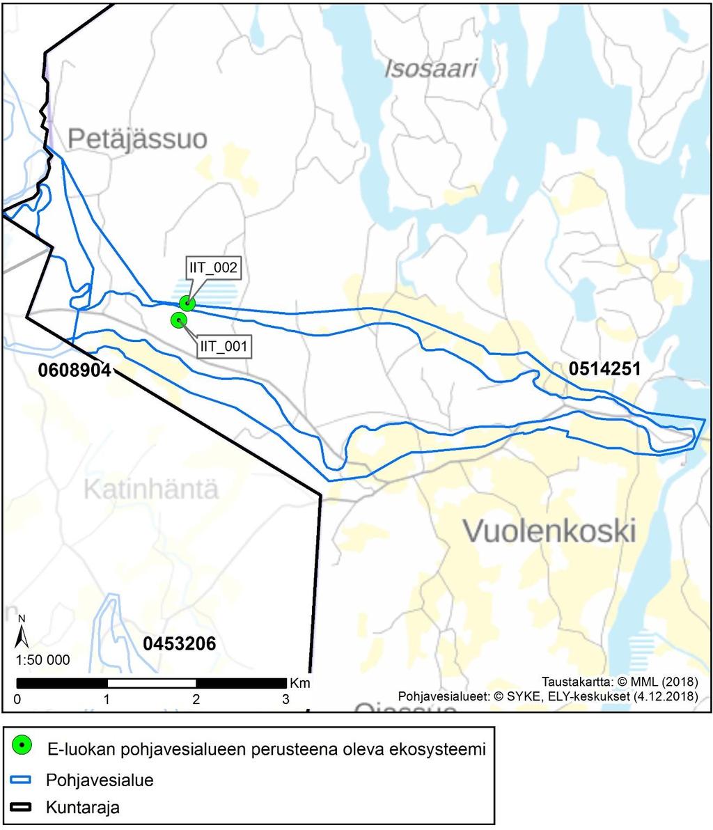 Kuva 2. Kohdekartta A. E-luokan pohjavesialueen perusteena olevat ekosysteemit. Ekosysteemien tunnukset (esim. IIT_001) ovat yhtenevät Liitteessä 2 olevien kohdekuvausten kanssa.