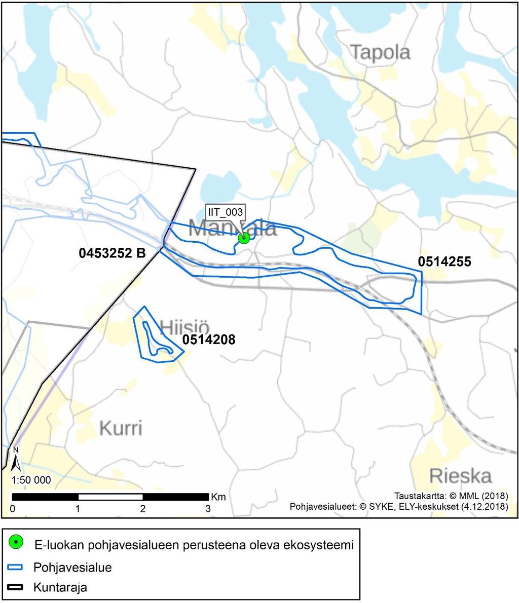 Kuva 3. Kohdekartta B. E-luokan pohjavesialueen perusteena olevat ekosysteemit. Ekosysteemin tunnus (IIT_003) on yhtenevä Liitteessä 2 olevan kohdekuvausten kanssa.