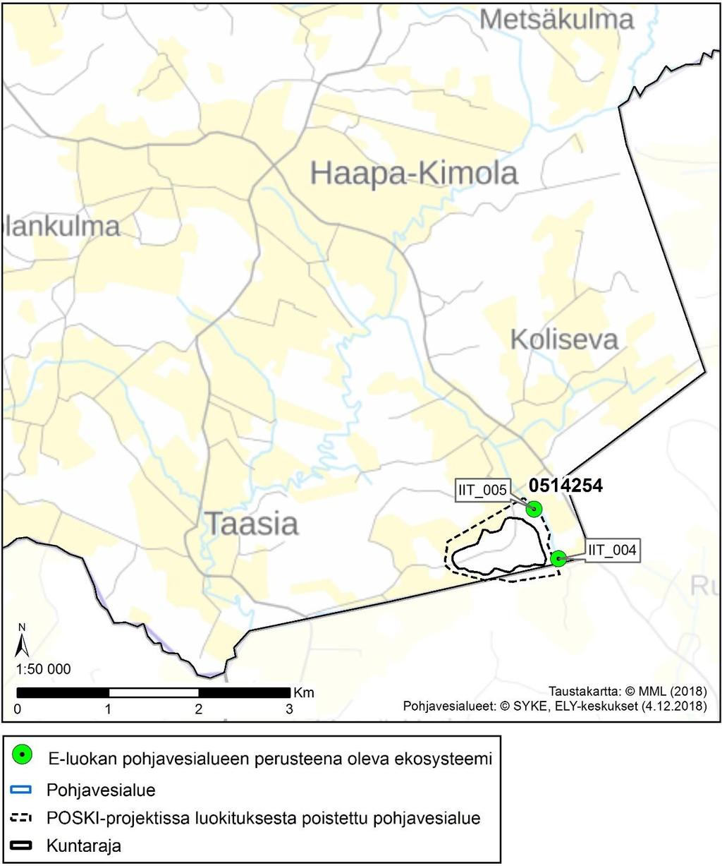 Kuva 5. Kohdekartta D. E-luokan pohjavesialueen perusteena olevat ekosysteemit. Ekosysteemien tunnukset (esim. IIT_004) ovat yhtenevät Liitteessä 2 esitettyjen kohdekuvausten kanssa.