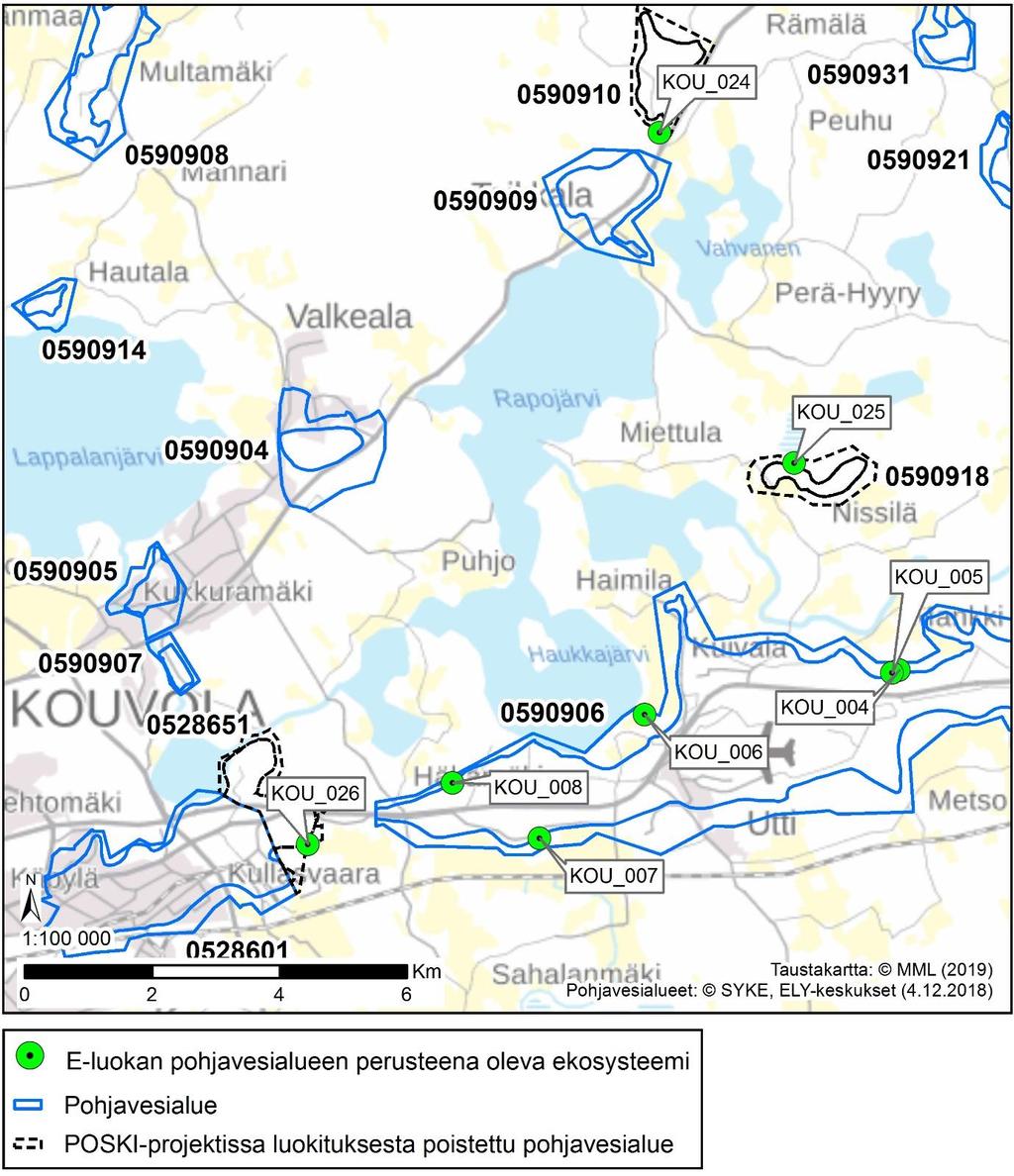 Kuva 3. Kohdekartta B. E-luokan pohjavesialueen perusteena olevat ekosysteemit. Ekosysteemin tunnus (KOU_005) on yhtenevä Liitteessä 2 olevan kohdekuvausten kanssa.
