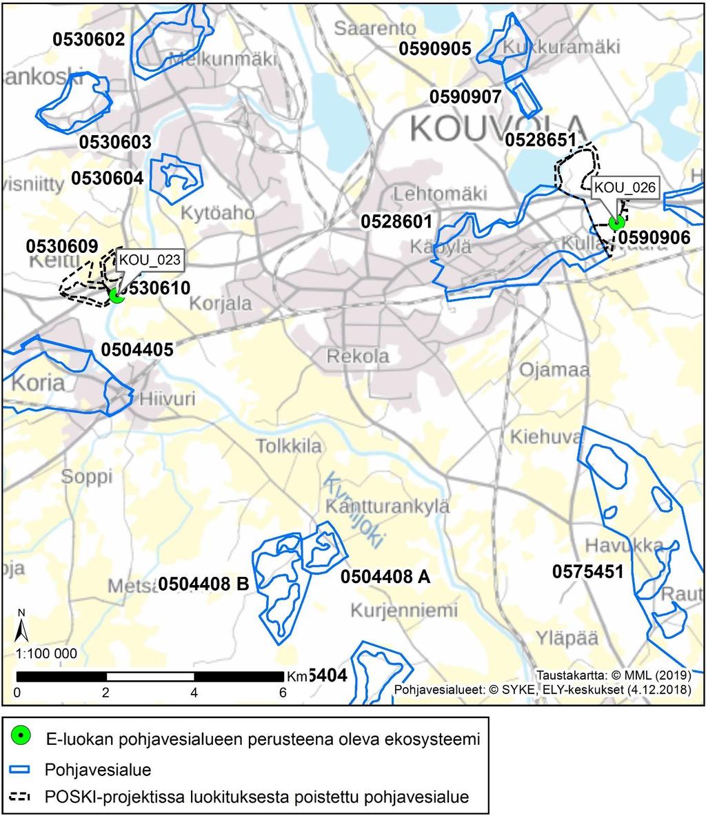 Kuva 4. Kohdekartta C. E-luokan pohjavesialueen perusteena olevat ekosysteemit. Ekosysteemin tunnus (KOU_023) on yhtenevä Liitteessä 2 olevan kohdekuvausten kanssa.