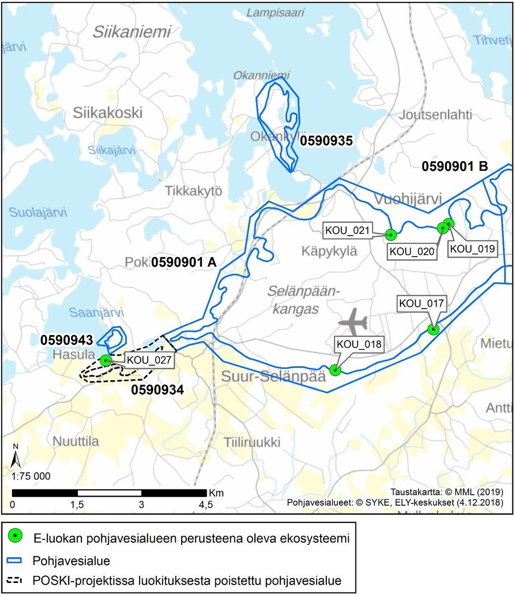 Kuva 6. Kohdekartta E. E-luokan pohjavesialueen perusteena olevat ekosysteemit. Ekosysteemien tunnukset (esim. KOU_020) ovat yhtenevät Liitteessä 2 esitettyjen kohdekuvausten kanssa.