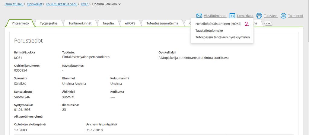 Erityisen tuen suunnitelma - perustaminen 1. Avaa näytölle sen opiskelijan perustiedot, jolle erityisen tuen suunnitelma on tarkoitus tehdä. 2.