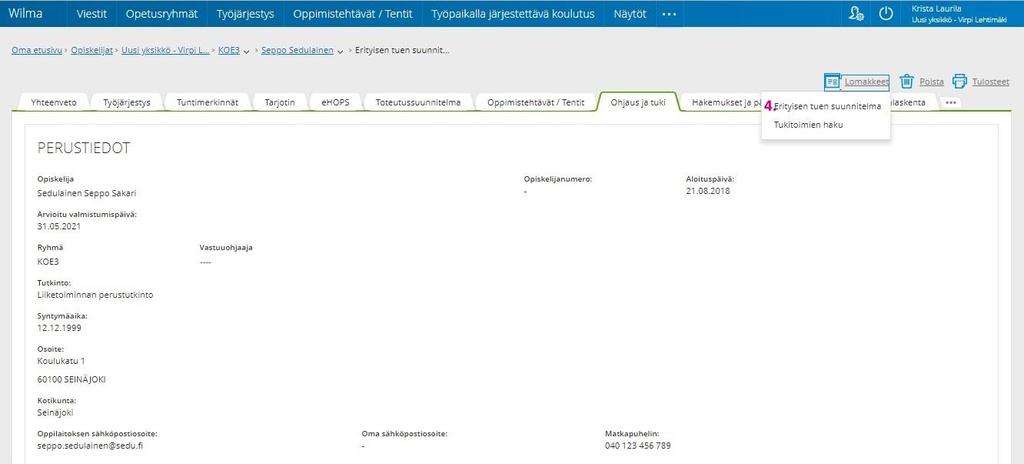 4. Näytölle avautuneessa näkymässä voit tarkastella erityisen tuen suunnitelmaa. Mikäli haluat tehdä lisäyksiä suunnitelmaan, valitse vielä Lomakkeet Erityisen suunnitelma. HUOM!