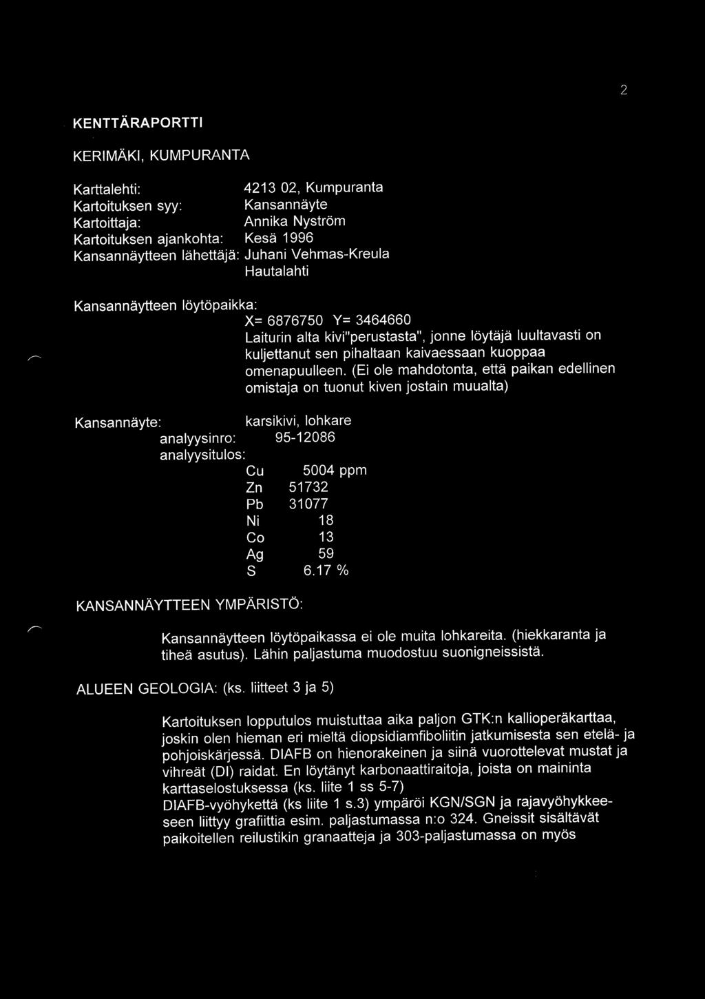 (Ei ole mahdotonta, etta paikan edellinen omistaja on tuonut kiven jostain muualta) Kansannayte: analyysinro: analyysitulos: karsikivi, lohkare 95-12086 Cu Zn Pb Ni Co Ag KANSANNAYTTEEN YMPARISTO: s