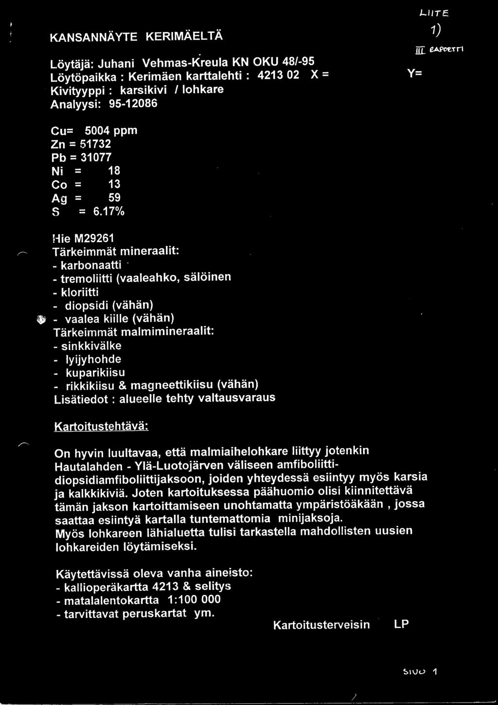 KANSANNAYTE KERIMAELTA LoyUija: Juhani Vehmas-Kreula KN OKU 48/-95 Loytopaikka : Kerimaen karttalehti : 4213 02 X = Kivityyppi : karsikivi /lohkare Analyysi: 95-12086. Y= J.