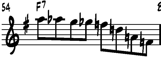 28 Tahdissa 9 Ionata käyttää aluksi diatonista lähestymistä purkaen E7-soinnun terssille ja jatkaa siitä alaspäin phrygian dominant -skaalalla. Kuvio 67.