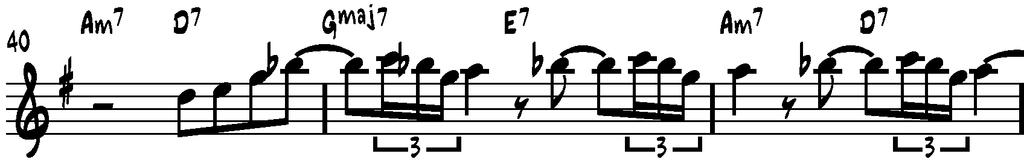 32 Tässä soolossa nopeimmat rytmikuviot ovat trioleita, lukuun ottamatta bluesmaista korukuviofraasia tahdeissa 41-42. Kuvio 82.