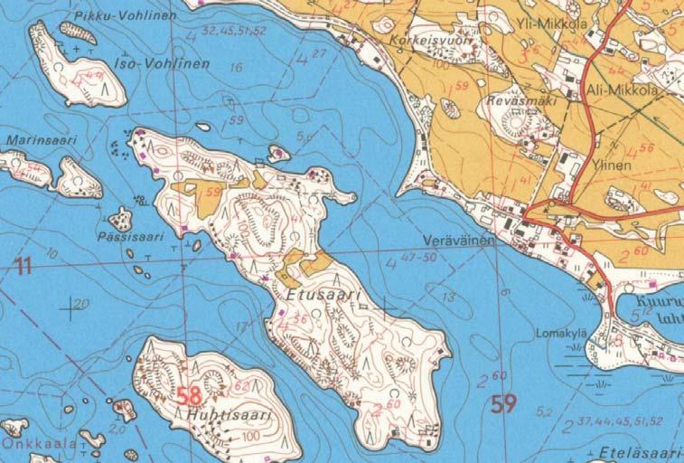 Etusaaren ranta-asemakaava, kaavaselostus, liite 3: Ranta-asemakaava-alueen inventointi Kuva 2. Etusaari vuoden 1980 peruskarttaotteessa.