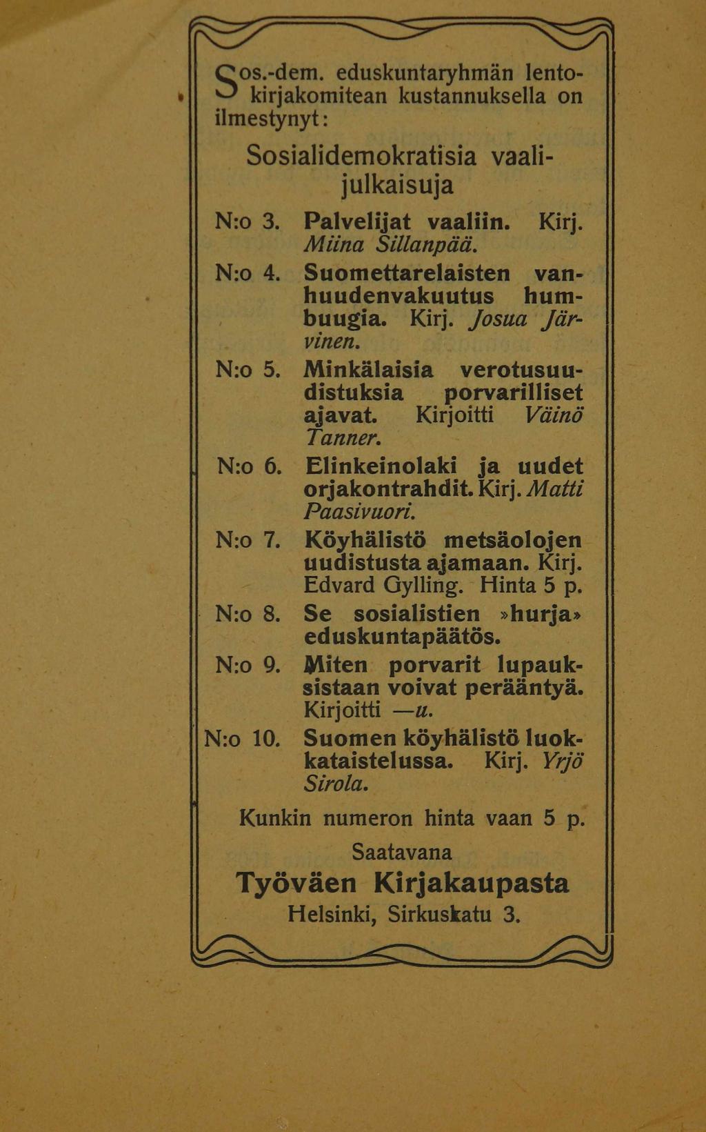 S os.-dem. eduskuntaryhmän lentokirjakomitean kustannuksella on ilmestynyt: Sosialidemokratisia vaalijulkaisuja N:o 3. Palvelijat vaaliin. Miina Sillanpää. Kirj. N:o 4.