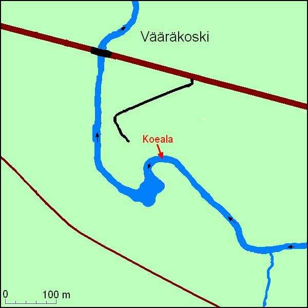 10 3.3 Vääräkoski Vääräkoski sijaitsee noin 9 kilometriä jokisuulta ylävirtaan (Kuva 6). Vääräkoski ei ole koski, vaan nopeavirtainen melko ilmeetön virtapaikka, jolla on pudotuskorkeutta n.