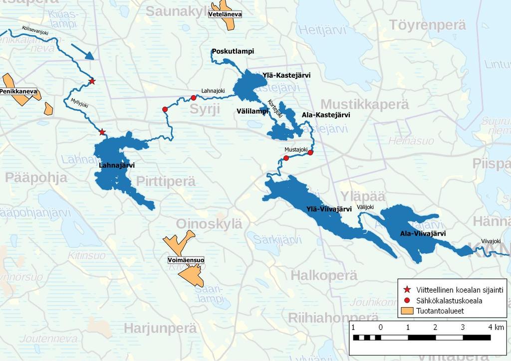 Kuva 1. Tarkkailuvesistöt, tuotantoalueiden viitteellinen sijainti ja sähkökalastusalojen sijainti (MML, taustakartta 11/2018, SYKE uomaverkosto, vesimuodostumat). 3.