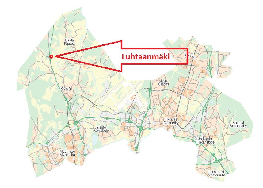 23 3 Luhtaanmäki 3.1 Sijainti Luhtaanmäki on kaupunginosa Luoteis-Vantaalla Kivistön suuralueella (kuva 21). Luhtaanmäen maaseutumaisen maiseman halkaisee alueen poikki kulkeva Hämeenlinnanväylä.