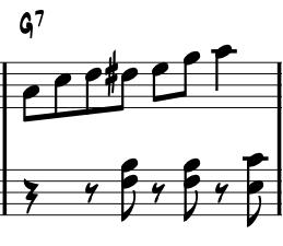 8 Esimerkki blues- asteikon käytöstä löytyy mm. tahdeista 71-72 (Esimerkki 2). Kelly soittaa lopetuksen soololleen laskeutumalla blues-asteikkoa ylhäältä alas. Esimerkki 2.