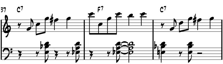13 melodisesti ja rytmisesti. Tahdissa 39 hän toistaa taas alkuperäisen kuvion samanlaisena kuin tahdissa 37. (Esimerkki 10) Esimerkki 10.
