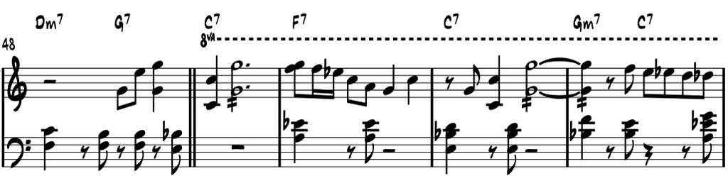14 Esimerkki 12. Tahdit 45-52 6 SOINTUHAJOTUKSET Analysoimani Wynton Kellyn pianosoolo on kokonaisuus, joka muodostuu hänen oikean ja vasemman kätensä yhteistyöstä.