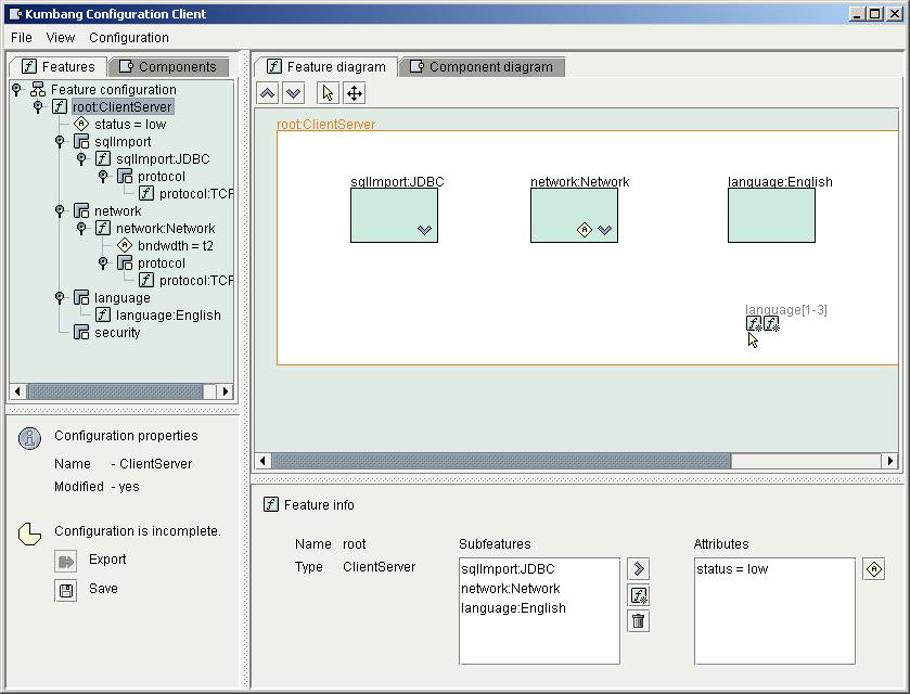 CHAPTER 6. SYSTEM IMPLEMENTATION 68 Figure 6.3: A screen shot from the system. This is the view that shows the feature configuration.