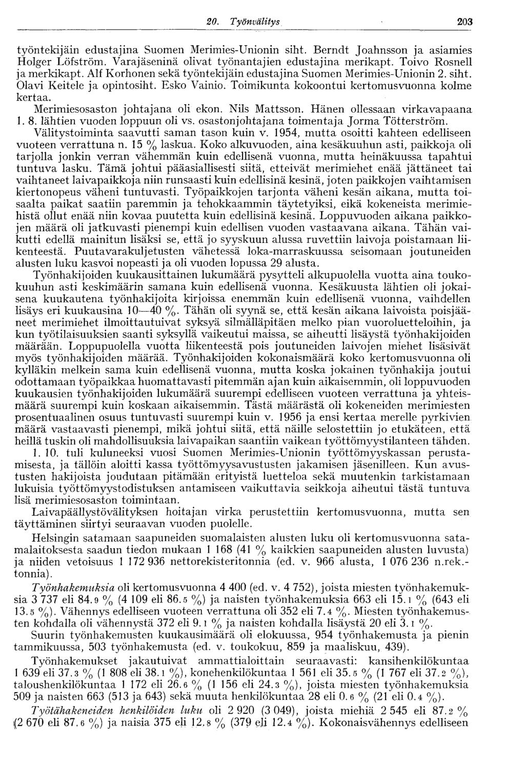 20. Työnvälitys 203 työntekijäin edustajina Suomen Merimies-Unionin siht. Berndt Joahnsson ja asiamies Holger Löfström. Varajäseninä olivat työnantajien edustajina merikapt.