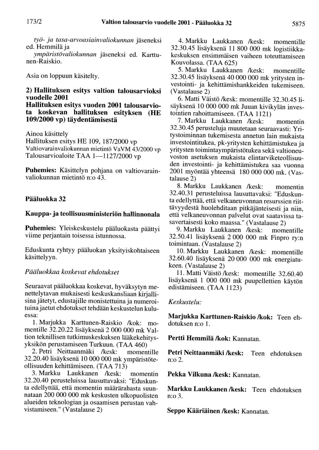 173/2 Valtion talousarvio vuodelle 2001- Pääluokka 32 5875 työ- ja tasa-arvoasiainvaliokunnan jäseneksi ed. Hemmiläja ympäristövaliokunnan jäseneksi ed. Karttunen-Raiskio. Asia on loppuun käsitelty.