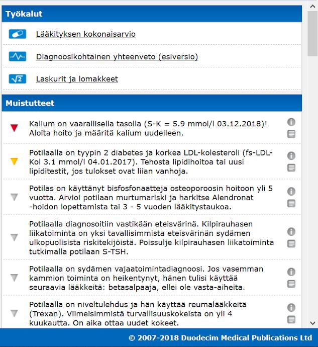 10 Kuva 1. EBMeDS-palvelun käyttöliittymä [kuvakaappaus demoversiosta]. EBMeDS:in tuottama palaute on värikoodattu siten, että kaikkein kriittisimmät havainnot on merkitty tummanpunaisella kolmiolla.