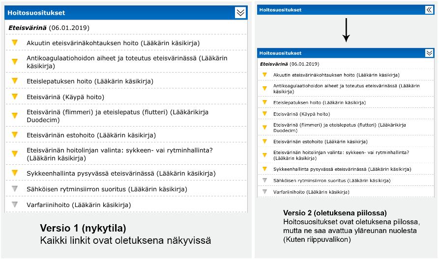 23 Kaikista vastaajista 68 % oli avannut hoitosuosituslinkkejä. 33 henkilöä vastasi kysymykseen, kumpi olisi parempi linkkien näkymistapa, ja heistä 22 eli valtaosa vastasi nykytilan.