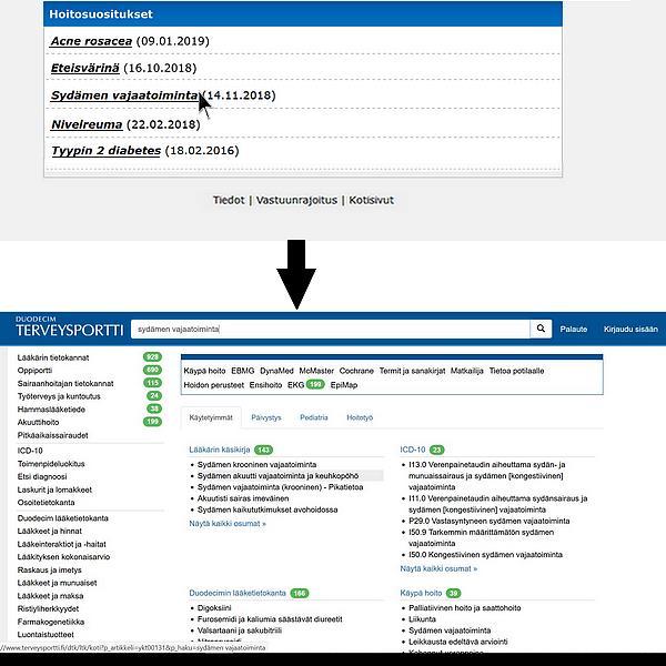 38 Kuva 10. Hoitosuositusten toinen kehitysehdotus ja diagnoosiotsikon kautta aukeava Terveysportin haku.