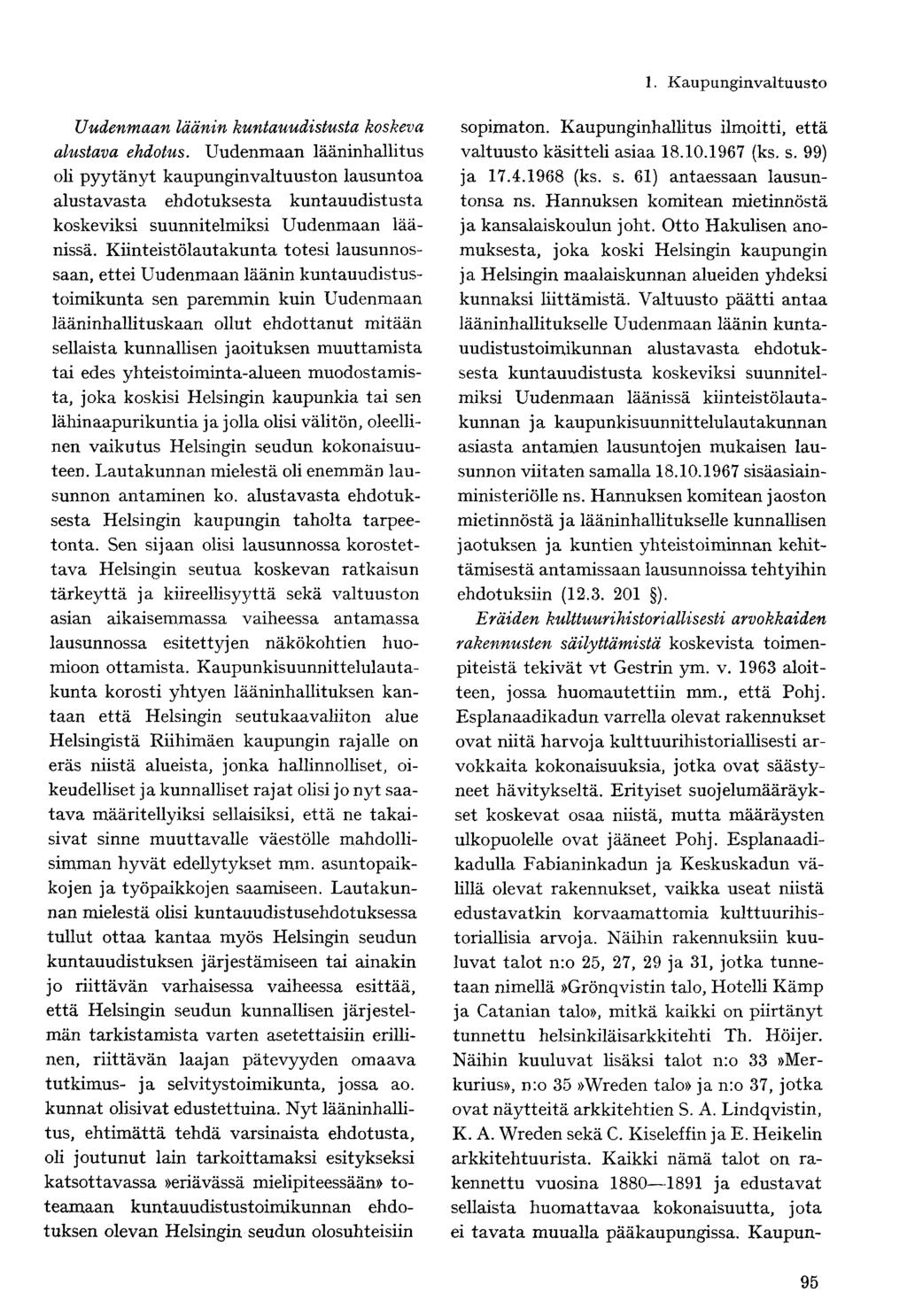 Uudenmaan läänin kuntauudistusta koskeva alustava ehdotus.