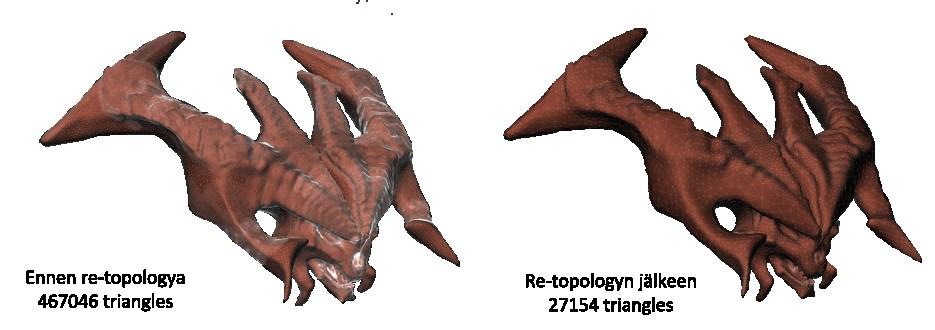 4 2.3 Re-topology Re-topology:lla viitataan mallin muodon, tai topologian muuttamiseen. Re-topology on hyvin olennainen osa 3D-mallien muodostamisessa, varsinkin sculptausta käsitellessä.