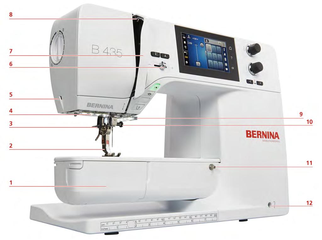 My BERNINA Kone edestä 1 Etuluukku 7 Langannostajan suojus 2 Paininjalka 8 Langannostaja 3 Neulalangoitin 9